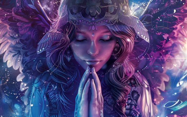 HD desktop wallpaper featuring a fantasy angel woman with ethereal wings and a decorative headdress in vibrant blue and purple hues.