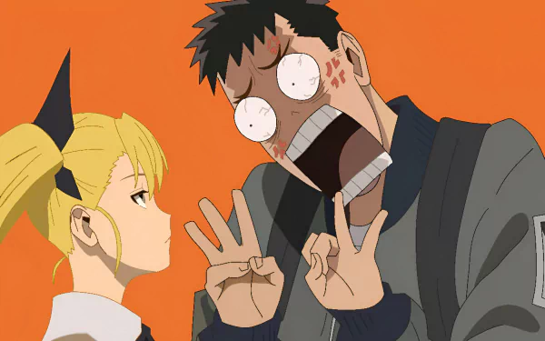 HD PC desktop wallpaper: Kaiju No. 8 anime — Kafka Hibino makes a comical shocked face and peace signs while Kikoru Shinomiya watches with a deadpan stare on an orange background.