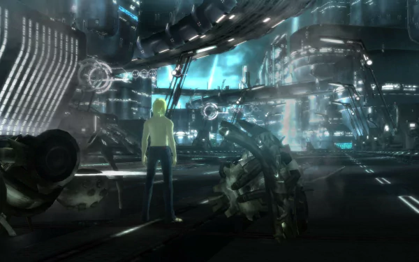 HD desktop wallpaper from El Shaddai: Ascension of the Metatron featuring a character overlooking a futuristic cityscape.