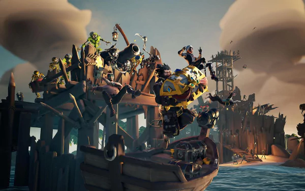 HD desktop wallpaper from Sea of Thieves showcasing a chaotic pirate scene with characters battling in a fortress and a boat nearby.