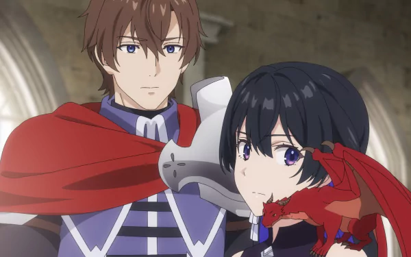 HD desktop wallpaper featuring two anime characters from Unnamed Memory, with a man in a knight's armor and a woman in a red cloak, set against a blurred architectural background.