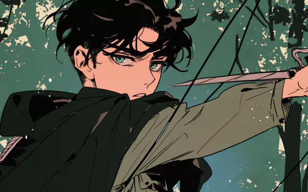 HD desktop wallpaper featuring Levi Ackerman from Attack on Titan, depicted in anime style, poised with a sword against a splattered green backdrop.