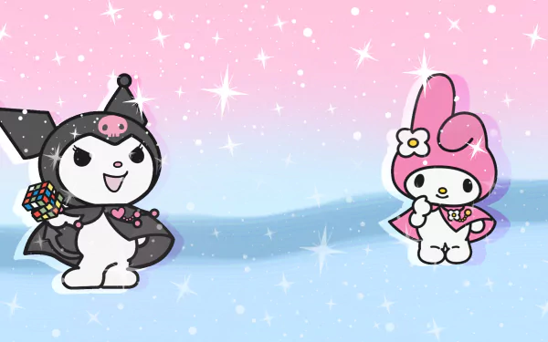 HD desktop wallpaper from Onegai My Melody featuring characters Kuromi and My Melody against a sparkly, snowy backdrop.