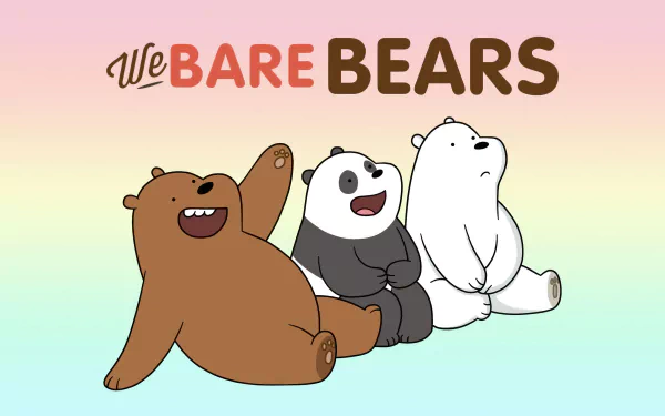 HD desktop wallpaper featuring the main characters from the TV show We Bare Bears sitting together under the show's logo on a soft pastel background.