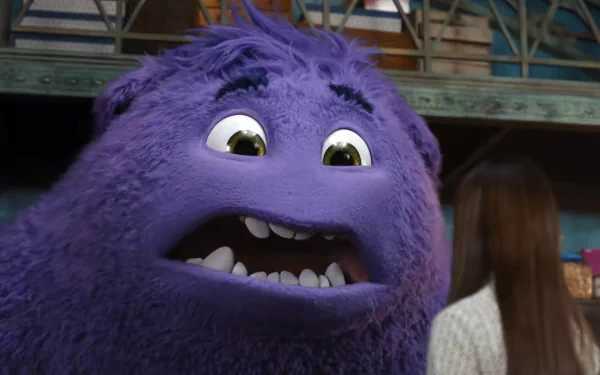 HD desktop wallpaper from the movie IF (2024) featuring a smiling purple creature with a backdrop of an indoor setting.