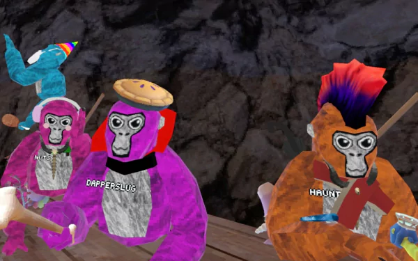 HD desktop wallpaper featuring stylized gorillas from the video game Gorilla Tag, colorful and set against a rocky background.