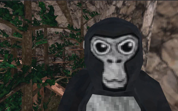 HD desktop wallpaper of a character from the video game Gorilla Tag, depicted as a gorilla with a mask standing in a forest environment.