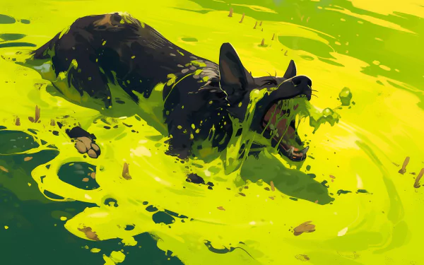 HD wallpaper of an animated angry dog splattered with green paint, depicting a scene suggestive of disease.