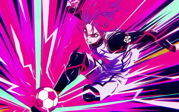 Dynamic 4K Ultra HD PC desktop wallpaper featuring a vibrant, action-packed scene from Blue Lock with a soccer player striking the ball amid electric pink and teal energy bursts.