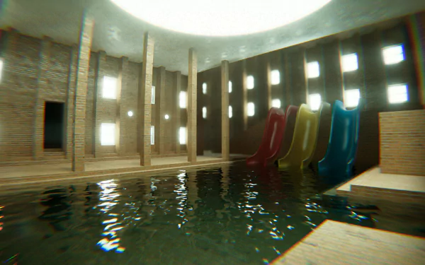 HD desktop wallpaper of a video game-inspired indoor pool scene with colorful slides, wooden deck, and uniquely patterned walls, designed in a vibrant and immersive style.
