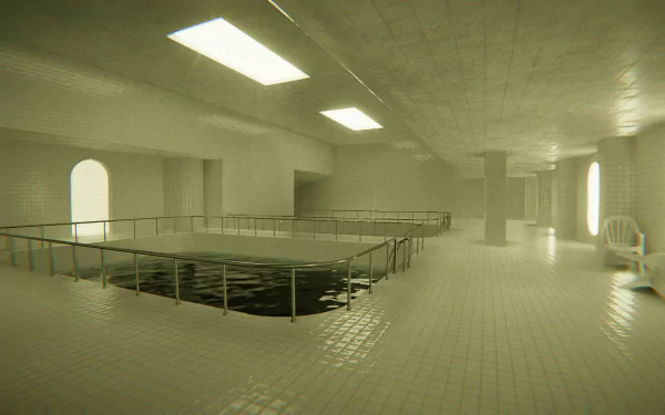 HD desktop wallpaper depicting an indoor pool in a video game style, featuring a digital art design with tiled walls, pool, and overhead lighting.