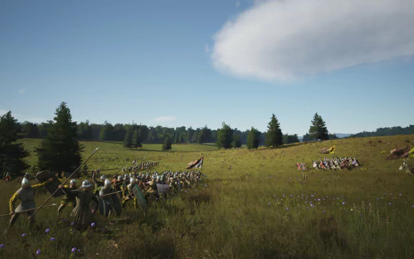 HD desktop wallpaper from the video game Manor Lords featuring medieval soldiers marching through a lush, sunlit meadow.