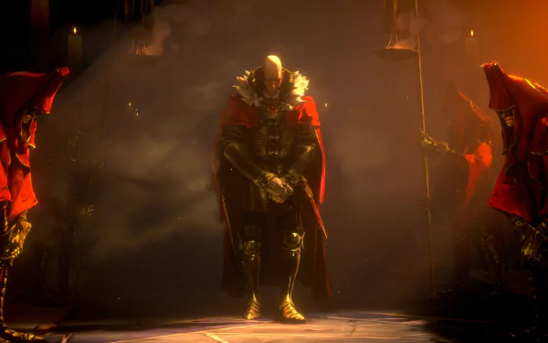 HD desktop wallpaper from the video game No Rest for the Wicked featuring a mysterious knight in armor surrounded by robed figures in a dimly lit setting.