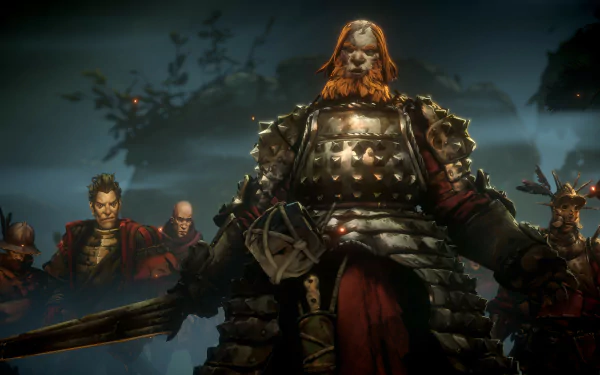 HD desktop wallpaper from the video game 'No Rest for the Wicked' featuring a group of armored characters in a grim, dark setting.