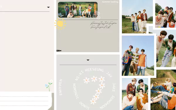 HD PC desktop wallpaper featuring ENHYPEN in various outdoor group photos with a light, nature-inspired background and soft pastel accents.