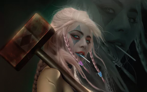 HD wallpaper featuring a dramatic portrayal of Lady Gaga's character from Joker: Folie à Deux, highlighted by a menacing gaze and a large hammer.