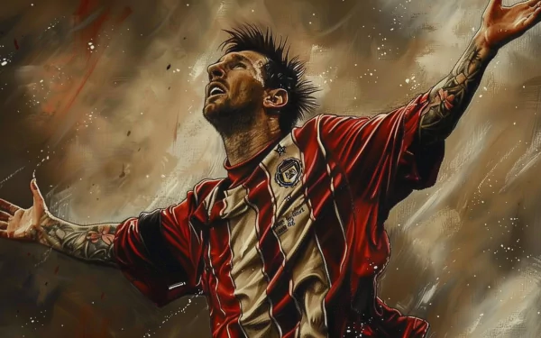 HD desktop wallpaper of Lionel Messi in a celebratory pose on the soccer field, clad in a red and black striped kit, with a dynamic, artistic background.
