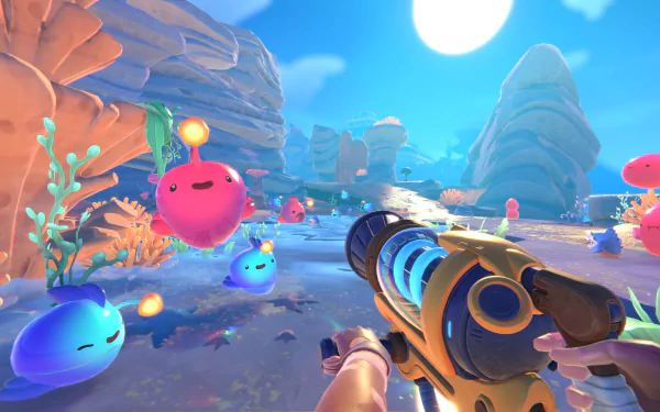 HD desktop wallpaper from Slime Rancher 2 featuring a colorful scene with lively slimes and a handheld vacuum in a whimsical alien landscape.