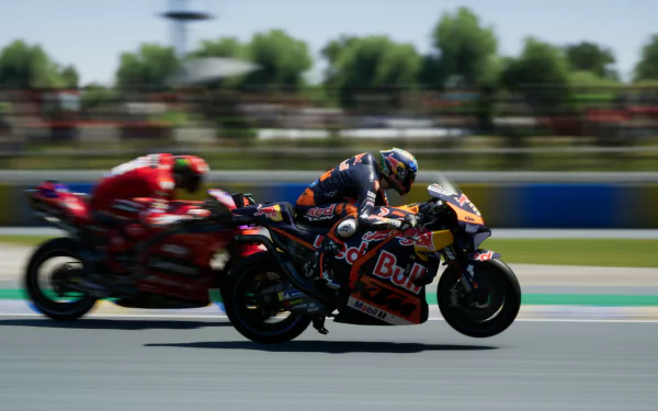HD desktop wallpaper from the video game MotoGP 24, featuring high-speed motorcycle racing on a clear, sunny day.