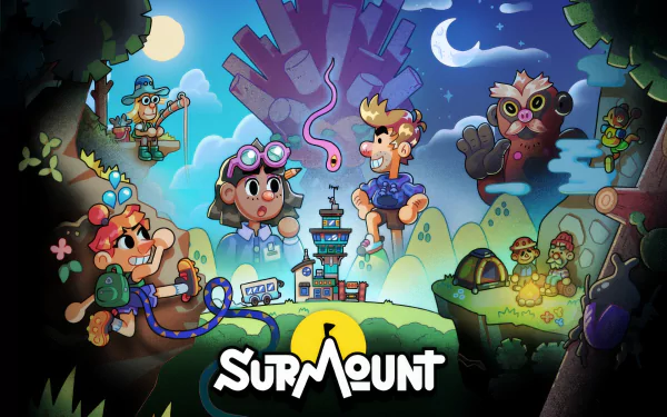 HD desktop wallpaper for the video game Surmount featuring vibrant, animated characters on a whimsical adventure through a night-time forest landscape.