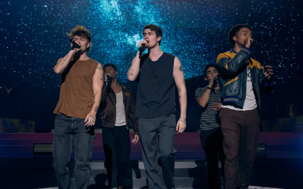 HD wallpaper from The Idea of You featuring Nicholas Galitzine performing on stage with a group under a cosmic blue backdrop.