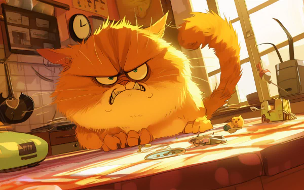 HD desktop wallpaper featuring an animated angry cat standing on a cluttered desk, bathed in warm sunlight.