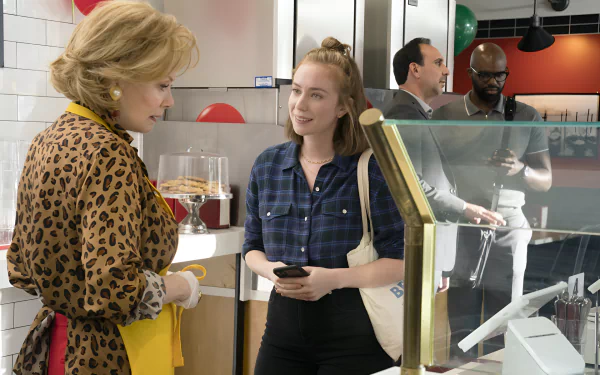 HD desktop wallpaper featuring a scene from the TV show Hacks (2021) with two characters talking in a lively cafe setting.