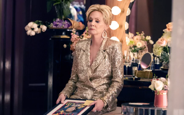 HD desktop wallpaper featuring a scene from the TV show Hacks (2021), depicting a woman in a gold suit seated backstage surrounded by flowers and makeup.