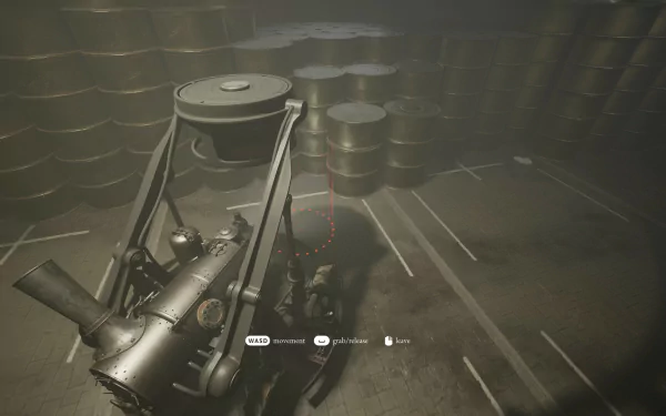 HD desktop wallpaper featuring a dimly lit scene from the video game Indika, showing an industrial setting with machinery and barrels.