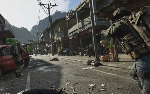 HD desktop wallpaper depicting a scene from the video game Gray Zone Warfare, with soldiers in a battle-ravaged urban environment.