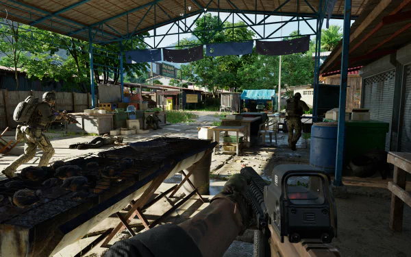 HD desktop wallpaper from the video game Gray Zone Warfare depicting a first-person view of a soldier in a tactical urban environment.