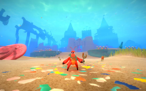 HD desktop wallpaper from the video game Another Crab's Treasure, featuring a vibrant red crab in a whimsical underwater setting with castles.