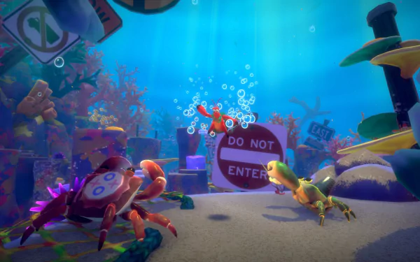 HD desktop wallpaper from Another Crab's Treasure video game featuring colorful crabs in an underwater setting with a Do Not Enter sign.