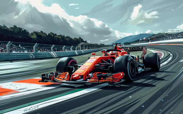 HD wallpaper of a Formula 1 car racing on a track with dynamic skies and vivid track details, capturing the essence of motorsport.
