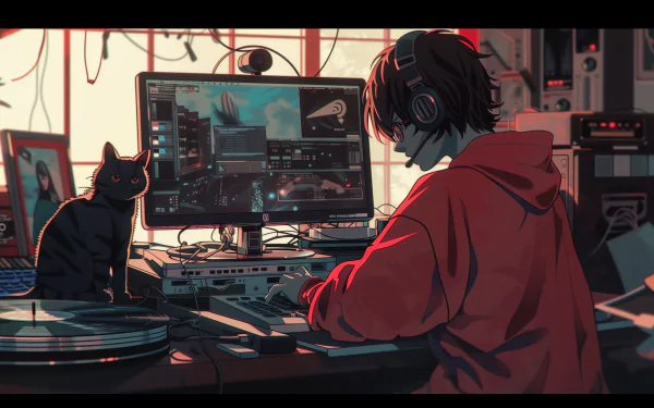 Anime-style illustration of a person in a red hoodie using a computer in a cluttered room, with a black cat sitting beside them. This is an HD desktop wallpaper with a lo-fi aesthetic.