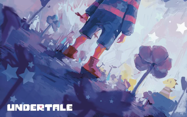 HD desktop wallpaper of Undertale featuring a stylized artistic scene with a character overlooking a vibrant landscape.