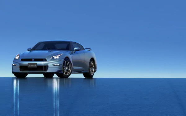 HD desktop wallpaper featuring a Nissan GT-R on a reflective surface with a clear blue sky background.