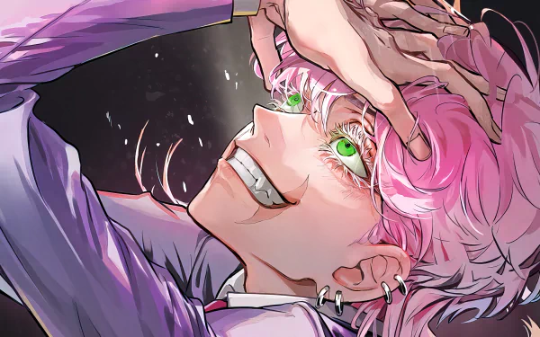 HD desktop wallpaper of Haruchiyo Sanzu from Tokyo Revengers, featuring a close-up of his face with vibrant green eyes and pink hair.