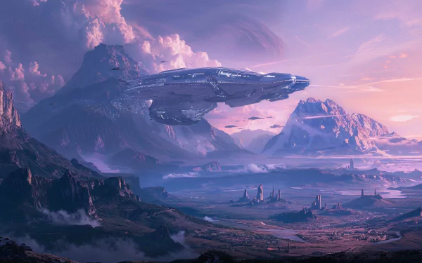 HD desktop wallpaper featuring a Halo Infinite landscape with a futuristic spaceship flying over serene, mountainous terrain under a pink-hued sky.