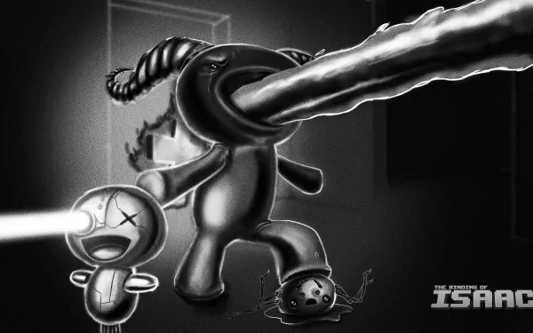 HD desktop wallpaper for The Binding of Isaac featuring a dramatic scene with Isaac and monsters in grayscale.