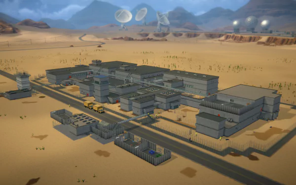 HD desktop wallpaper featuring a scene from Prison Architect 2, depicting a prison complex in a vast desert landscape under a dusky sky.