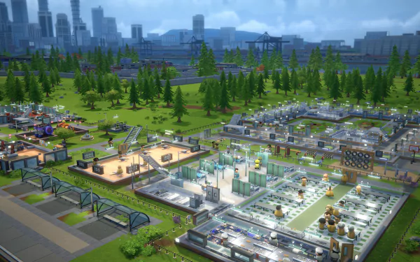 HD desktop wallpaper featuring a detailed scene from Prison Architect 2, showing a sprawling prison complex amidst a lush landscape.
