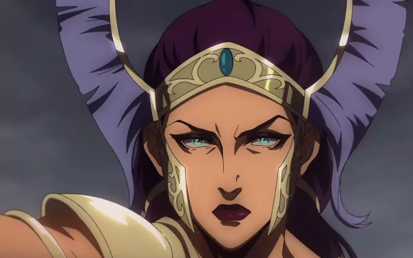 HD desktop wallpaper from Blood of Zeus featuring a close-up of an anime character with a determined expression and a majestic crown.