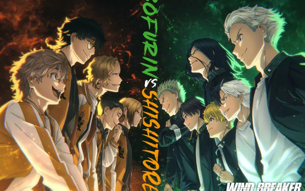 HD anime desktop wallpaper from Wind Breaker, featuring intense face-off between two rival groups in dynamic lighting.