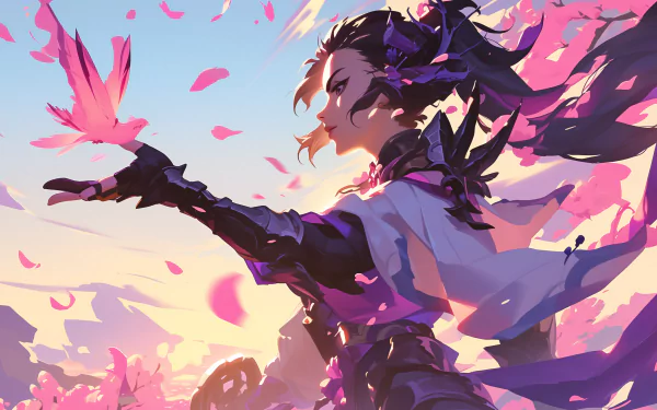 HD wallpaper of Clove from Valorant, depicted in a dynamic pose with pink petals swirling around her, set against a vivid sunset sky.