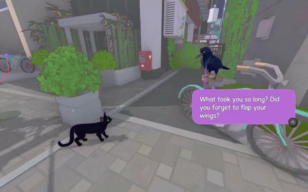 HD wallpaper from Little Kitty Big City featuring a black cat speaking to a crow in an urban setting with bicycles and plants.