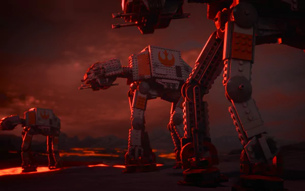 HD wallpaper featuring LEGO Star Wars AT-AT walkers advancing in a fiery landscape from the TV show LEGO Star Wars: Rebuild the Galaxy.