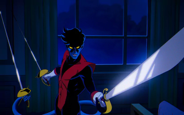 HD desktop wallpaper of Nightcrawler from X-Men '97, poised in action with swords against a dark, moody backdrop.
