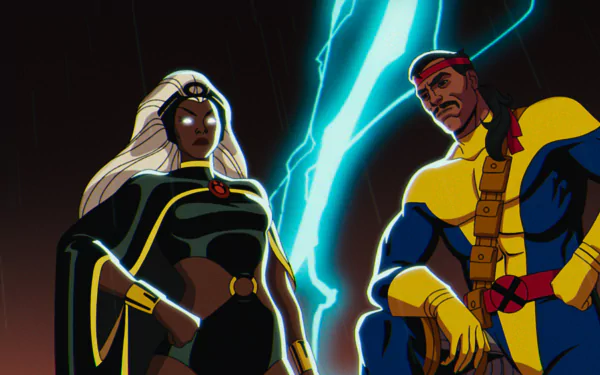 HD desktop wallpaper featuring Storm and Forge from X-Men '97 with dynamic lightning in the background.