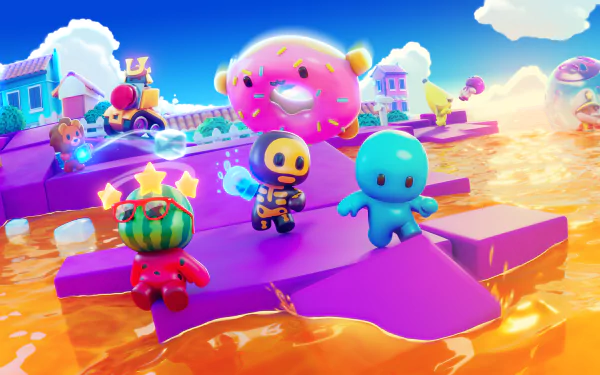 HD desktop wallpaper from the video game Rumble Club featuring colorful animated characters on a vibrant, whimsical landscape.